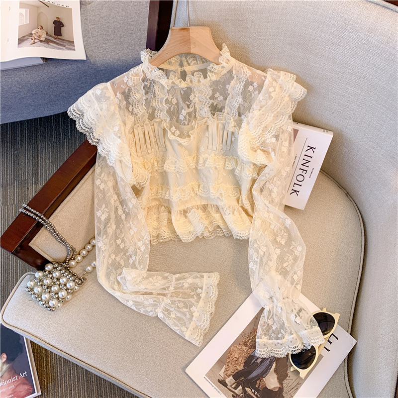 Flower plate button fungus lace stand collar lace shirt with waist and sweet temperament