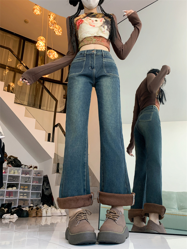 Women's high-waisted velvet thickened jeans 2024 autumn and winter large size elastic tight slimming floor-length flared pants