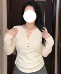 Large size western style double-sided velvet bottoming shirt early autumn new style fat mm covers the belly and hides the flesh and looks slimming right shoulder long-sleeved T-shirt top