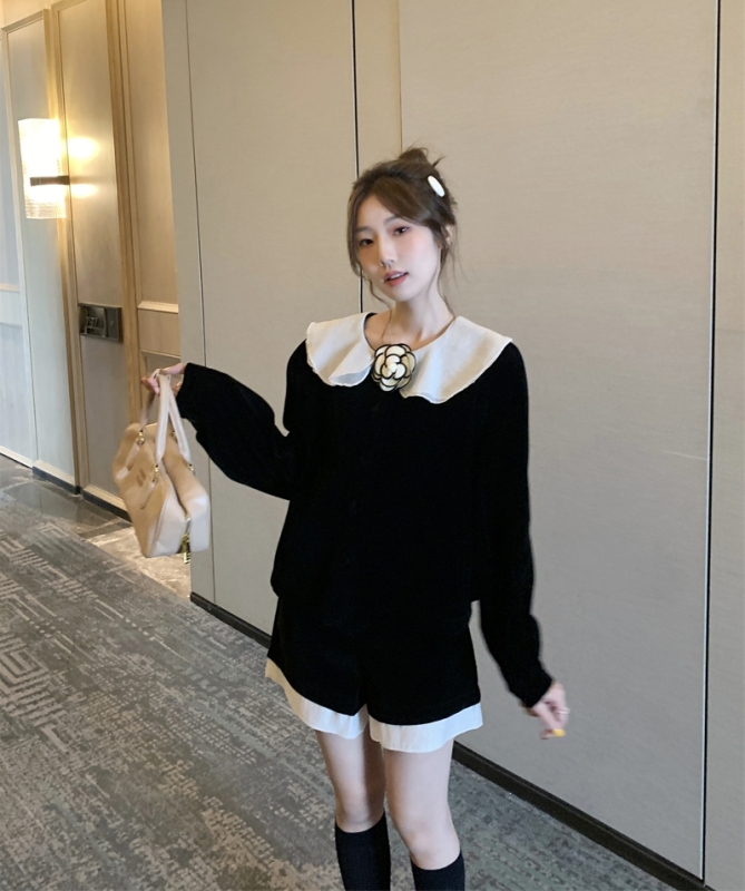 Large size French camellia contrast long-sleeved top suit casual straight shorts velvet two-piece set