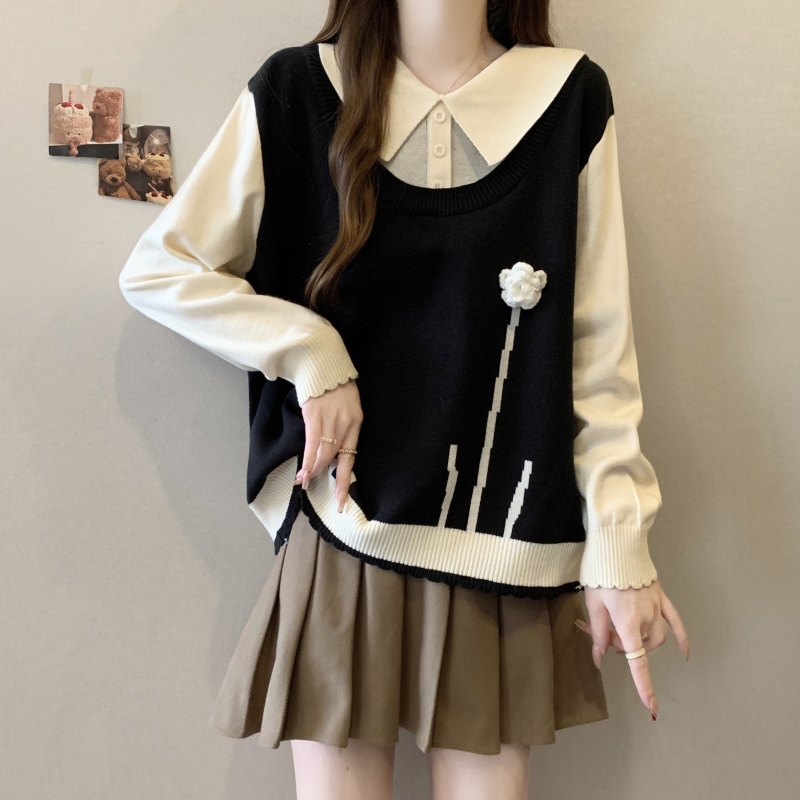 Large size design floral jacquard fake two-piece sweater autumn and winter fat mm slimming sweater top