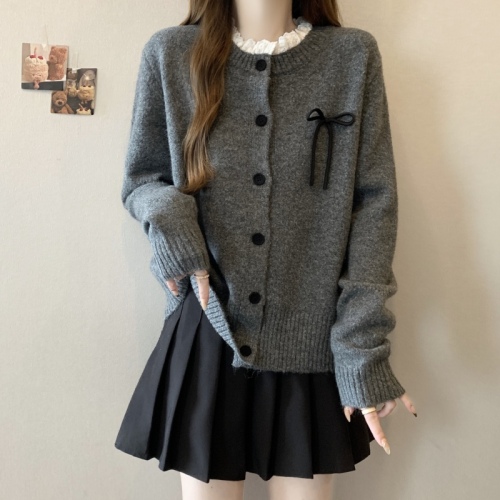 Large size design splicing lace lazy temperament sweater cardigan autumn and winter new bow knitted sweater