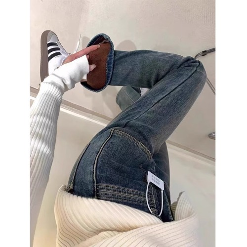 New autumn and winter velvet thickened jeans for women, loose and slim, large size fat MM casual trousers, high-waisted straight pants, trendy