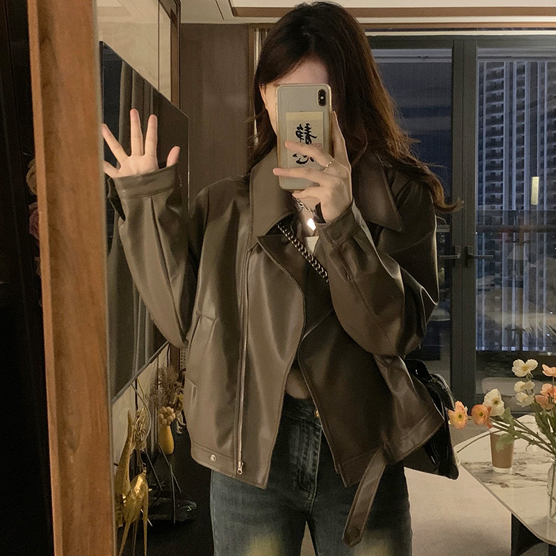 Lapel pu leather jacket for women autumn 2024 new retro short style loose and handsome long-sleeved motorcycle jacket