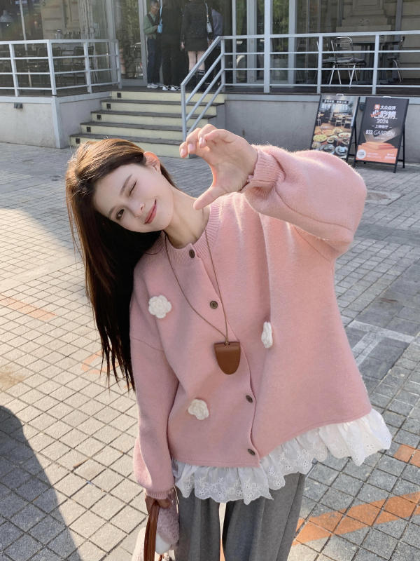 Fat girl sweet design three-dimensional flower lace splicing sweater cardigan
