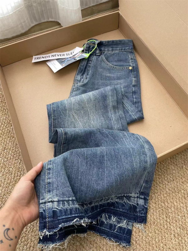 Retro distressed raw edge micro-flared jeans for women petite high-waisted loose straight slim floor-length trousers ins