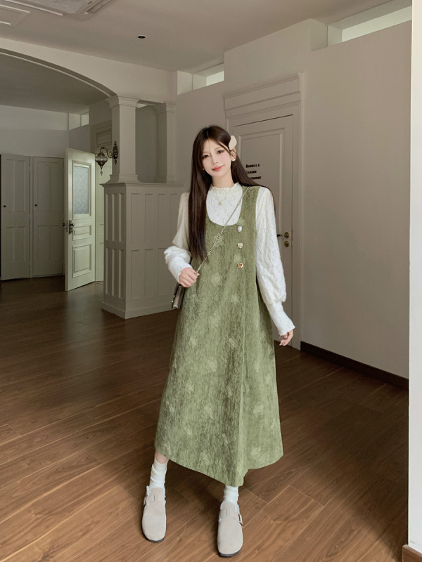 Plus size 2024 autumn and winter new French retro casual suspender dress + lace bottoming shirt two-piece set