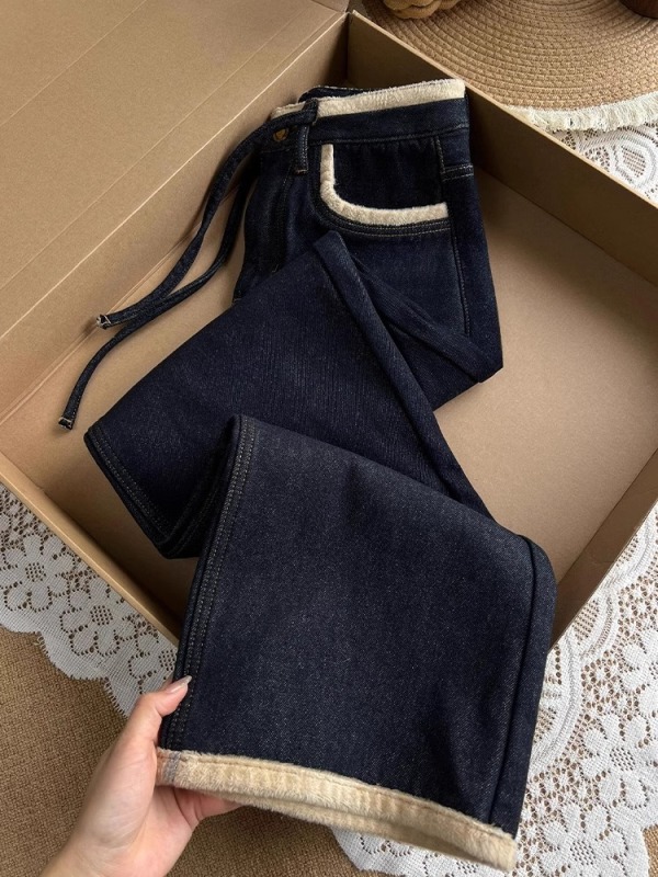 Velvet thickened dark blue straight jeans for women winter new fat sister mm high waist loose slimming wide leg pants