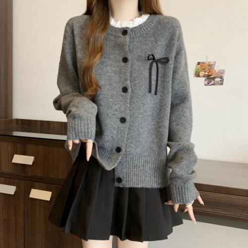Large size design splicing lace lazy temperament sweater cardigan autumn and winter new bow knitted sweater