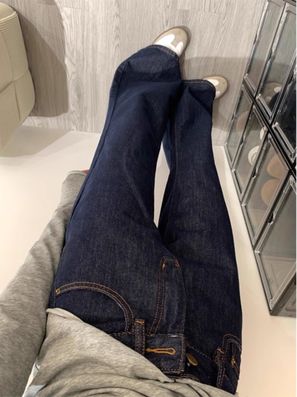 Dark blue high waist slightly flared straight jeans for women plus size autumn and winter new style fat mm pear shaped body slimming horse hoof pants