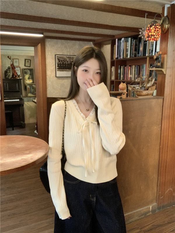 Plus size women's pure desire sweet bow knitted sweater top college style autumn and winter versatile bottoming shirt