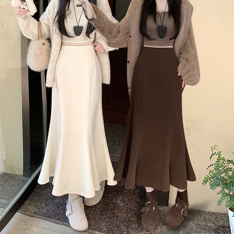 In stock 2024 new high-waist slim fishtail long a-line skirt woolen skirt with large hem for women