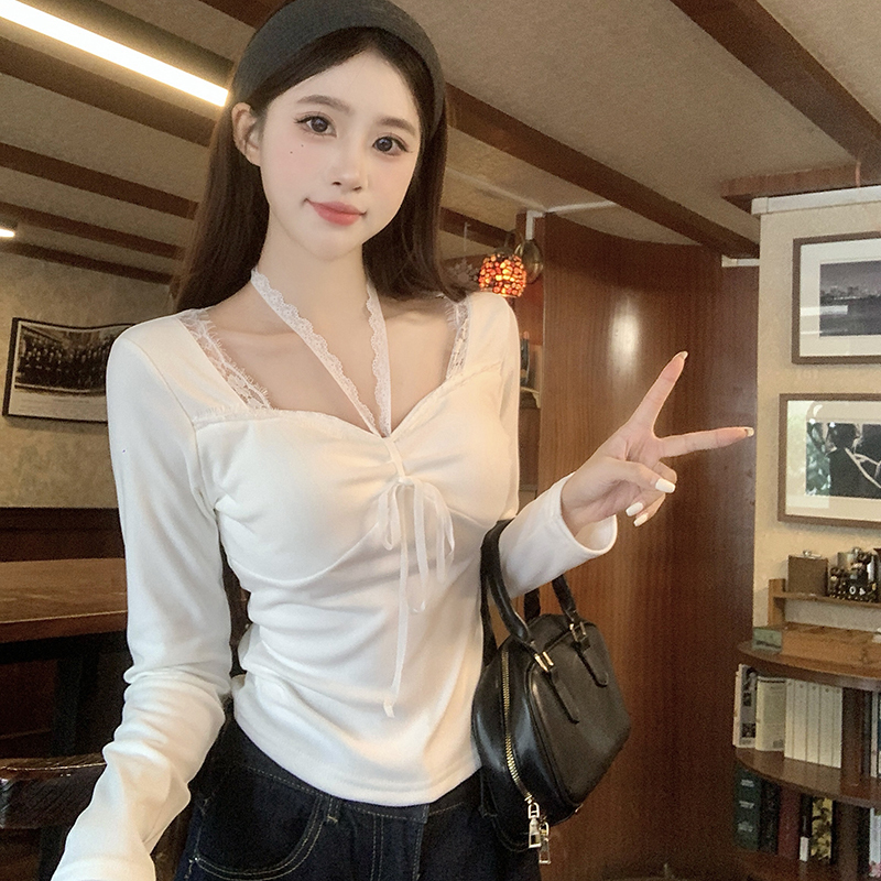 Plus size fat mm sweet and spicy top for women in autumn and winter with lace design bottoming shirt camisole M-4XL