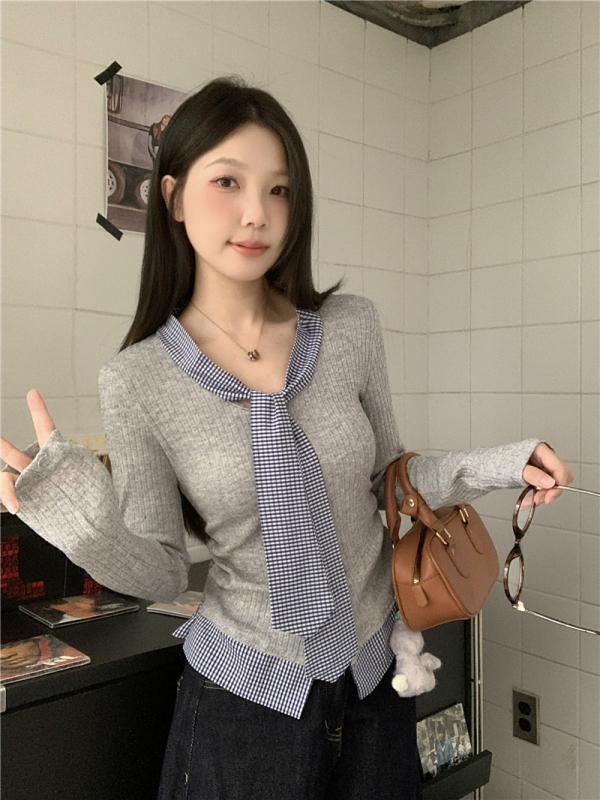 Plus size women's autumn and winter plaid splicing lace-up slim short long-sleeved fake two-piece top bottoming T-shirt