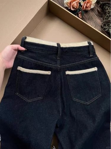 Retro plus velvet thickened straight jeans for women in autumn and winter plus size fat mm design high waist loose slimming wide leg pants