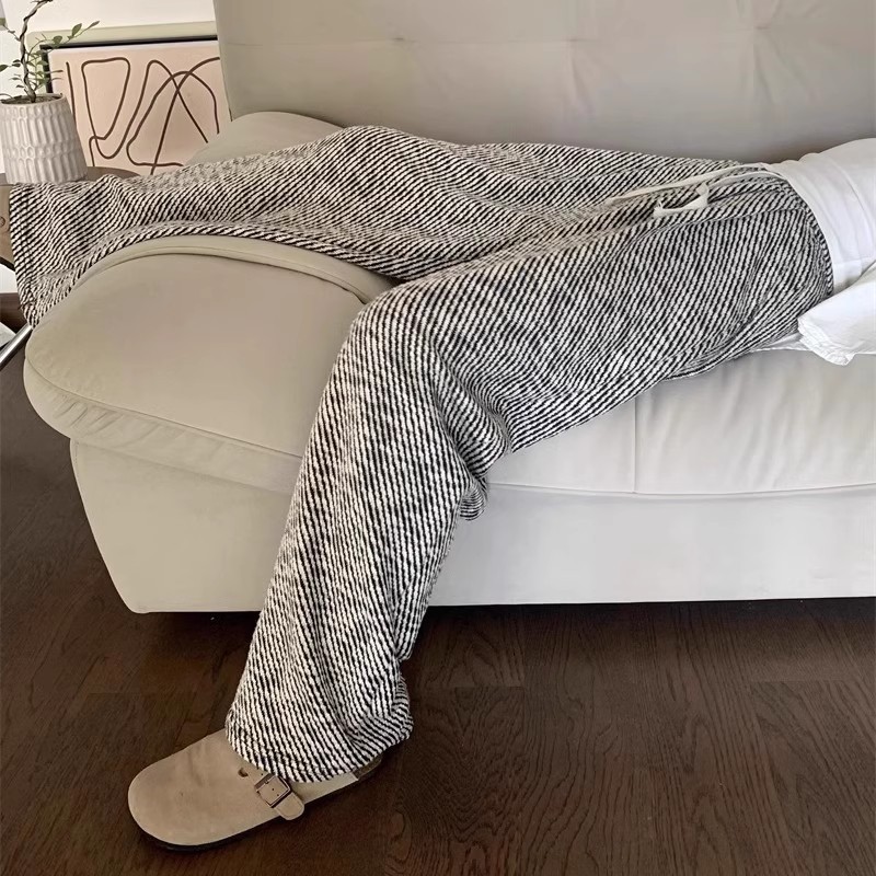 Original fabric, lazy drawstring diagonal striped casual pants for women, new autumn and winter loose straight pants
