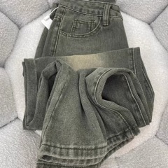 American retro green jeans women's wide-leg pants spring and autumn high-street fashion brand high-waisted loose slim straight pants