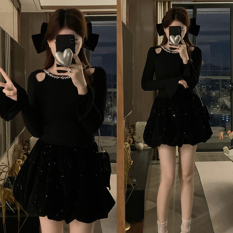 Aunt Barbie knitted dress for women autumn and winter new style off-the-shoulder long-sleeved waist princess dress bud little black dress