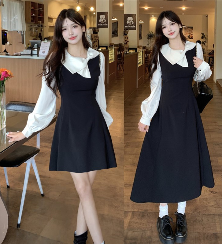 Early autumn French Hepburn style fake two-piece black dress women's wealthy daughter style waist-cinching A-line skirt