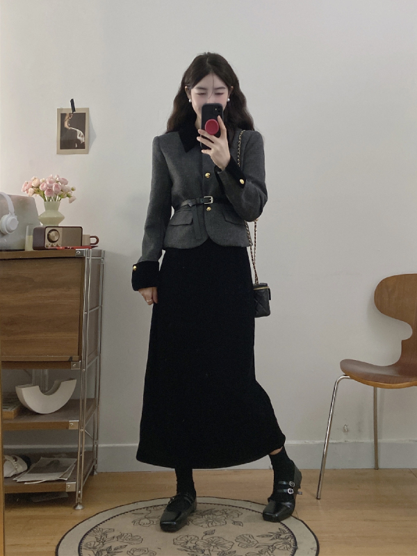 Plus size women's winter gray woolen quilted jacket velvet skirt two-piece small fragrance suit