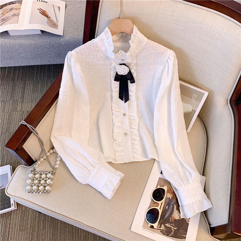 Palace-style stand-up collar design niche puff-sleeve shirt for women autumn French style long-sleeved slim shirt
