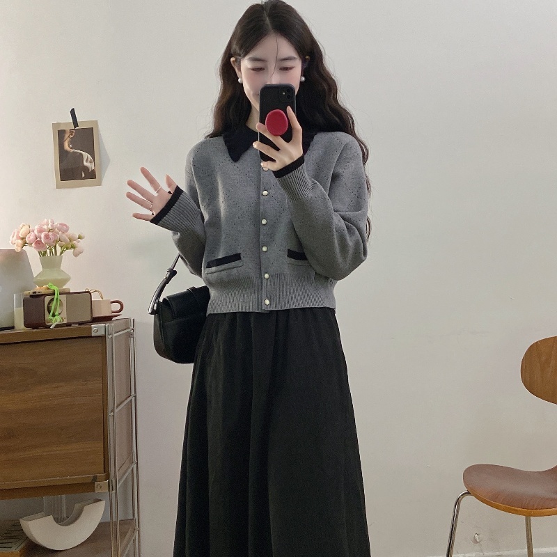 Plus size women's autumn and winter new style chic slimming soft waxy cardigan knitted tops and skirts two-piece set for women