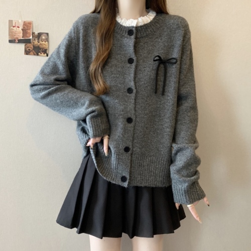 Large size design splicing lace lazy temperament sweater cardigan autumn and winter new bow knitted sweater
