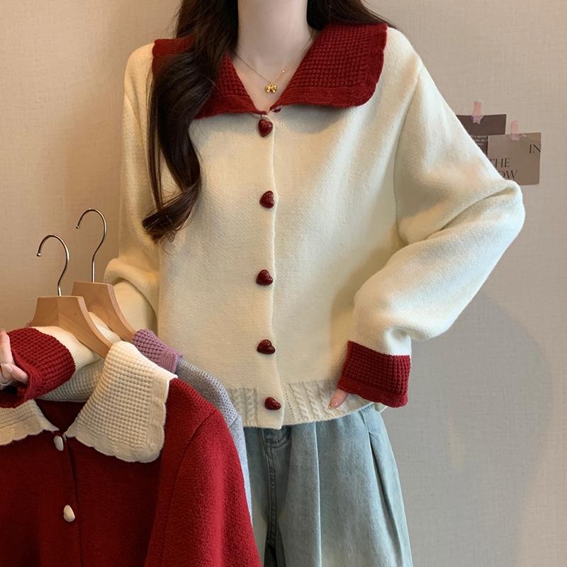 Plus size women's autumn and winter new contrast color doll collar sweater Christmas and New Year red style all-match sweater