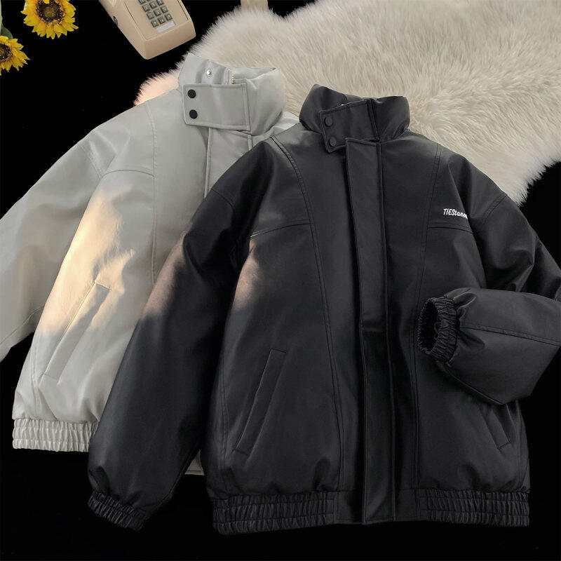 Flat lay winter coat loose stand collar thickened pu leather cotton coat trendy men and women Hong Kong style winter cotton coat