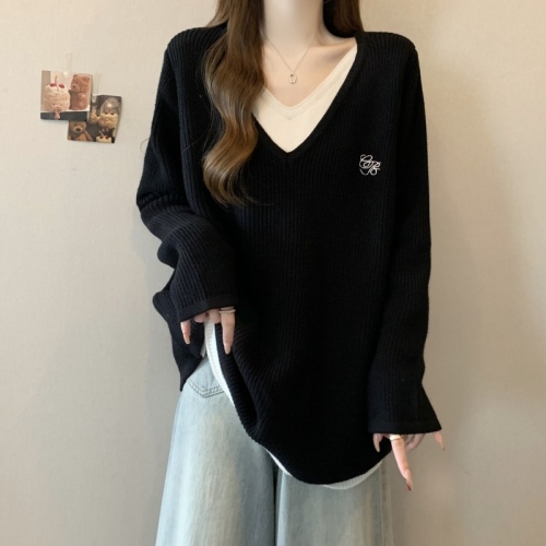 Plus size fat mm autumn and winter new Korean fake two-piece loose lazy style niche pullover sweater for women
