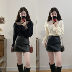 Plus size fat mm autumn and winter thickened lace bottoming shirt with hollow half-high collar and temperament covering the flesh and slimming top