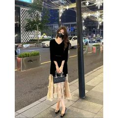 Large size fat mm real price~French style slimming fashionable foreign style mid-length spliced ​​velvet dress for women