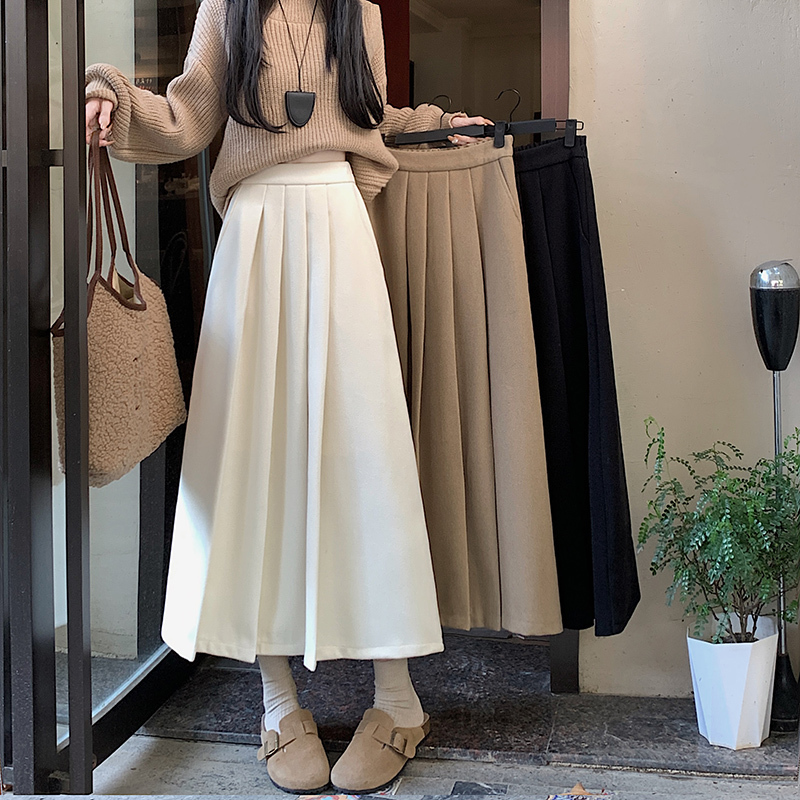 In stock 2024 new Korean style high-waisted pleated woolen long skirt, fashionable and versatile A-line skirt