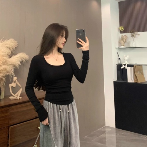 Ready stock brushed plus velvet bottoming shirt for women in autumn and winter new slim fit u-neck short style inner long-sleeved top