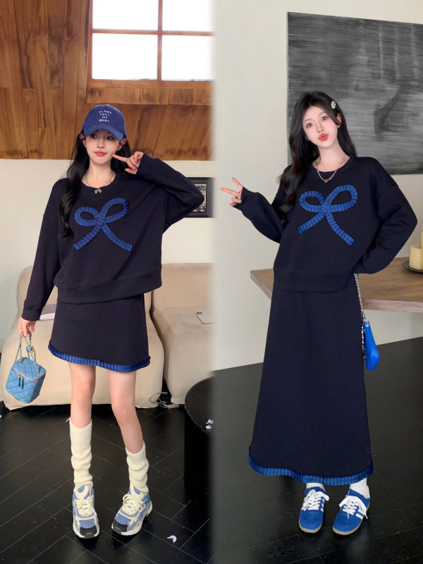 Plus size women's 2024 new autumn style high-end bow sweatshirt skirt, fashionable and slimming two-piece set