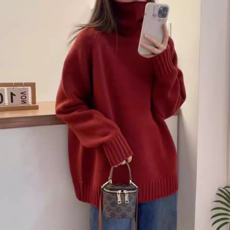 Autumn and winter new plus size women's solid color soft waxy New Year's red woolen sweater high collar inner bottoming top