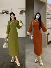 Large size new Chinese style Yichuan Maple Leaf retro improved cheongsam women's autumn and winter temperament long-sleeved dress