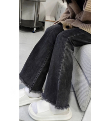 Pear-shaped body slightly booted jeans for women, spring and autumn style, high-waisted, large size, fat mm, slim, raw edge, flared, stretchy horseshoe pants