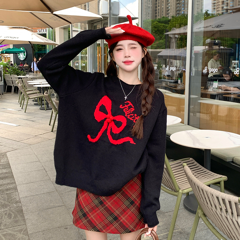 Plus size fat mm improved right shoulder pullover bow long sleeve sweater high waist plaid skirt two piece set for women