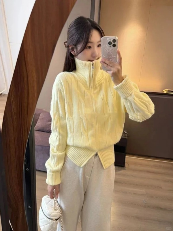 2024 Gentle style turtleneck hemp pattern double zipper knitted cardigan women's loose short sweater