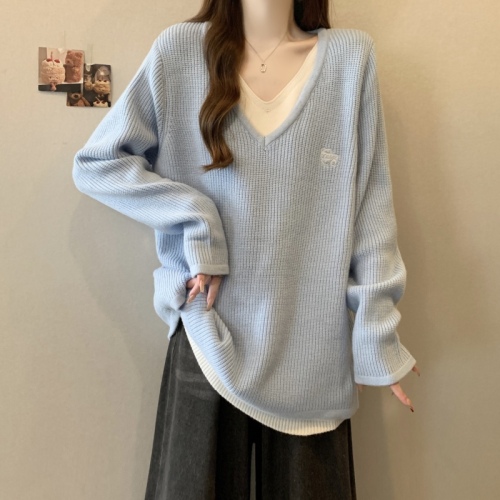 Plus size fat mm autumn and winter new Korean fake two-piece loose lazy style niche pullover sweater for women