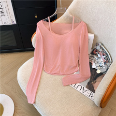 Pure Desire Hot Girl Short Low-neck Top Slim Long Sleeve T-Shirt Sunscreen Bottoming Shirt Suspender Two-piece Set