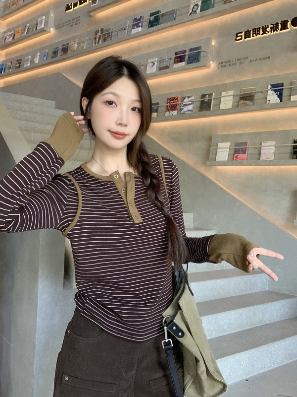 Large size Korean style striped right shoulder contrast fake two piece slimming long sleeve T-shirt fat mm inner top