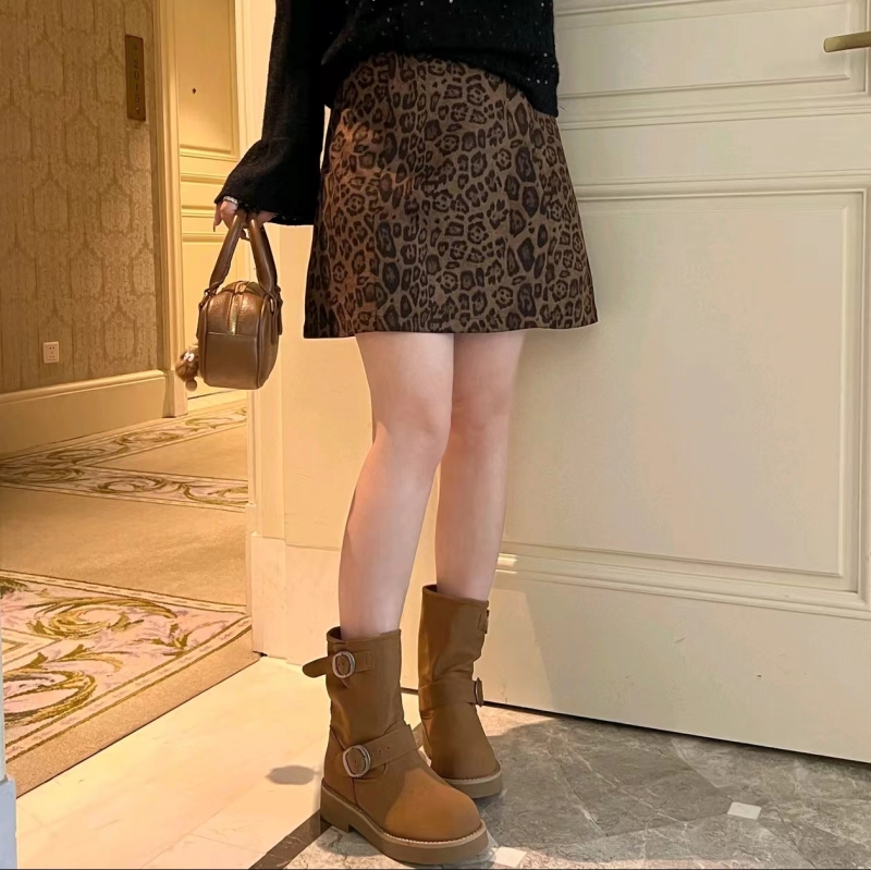 Suede 2024 Autumn and Winter New Hot Girl Style High Waist Slim Leopard Print A-Line Skirt Women's Half Skirt