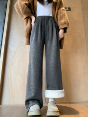 Lambskin glutinous rice pants women's autumn and winter 2024 new loose wide-leg pants lazy imitation cashmere plus velvet pants