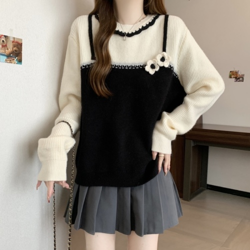Large size design color block sweater autumn and winter new fake two piece sweater foreign style three-dimensional flower top