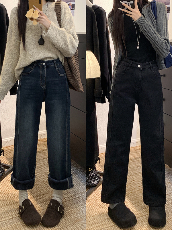 2024 new autumn and winter new fat mm plus size women's high waist plus velvet thickened warm straight pants jeans