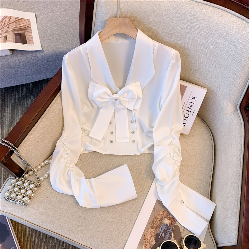 French style small fragrance bow satin shirt pure lust hot girl slim puff sleeve base shirt