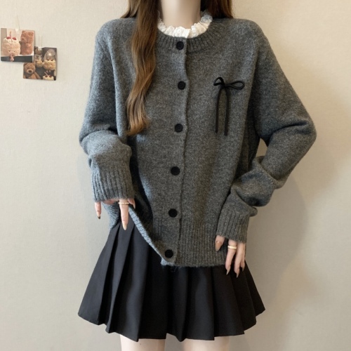 Large size design splicing lace lazy temperament sweater cardigan autumn and winter new bow knitted sweater