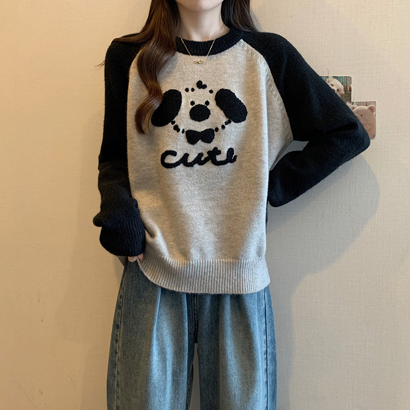 2024 Autumn and Winter New Style Fat mm Plus Size Women's Fashion Versatile Cartoon Embroidery Contrast Color Raglan Knitted Top